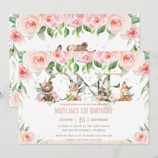 Invitación Floral Rubor Floral One Birthday (Anverso / Reverso)