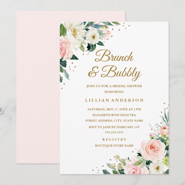 Invitación Floral Rubor Gold Bridal Ducha Brunéi Y Bubbly (Anverso / Reverso)