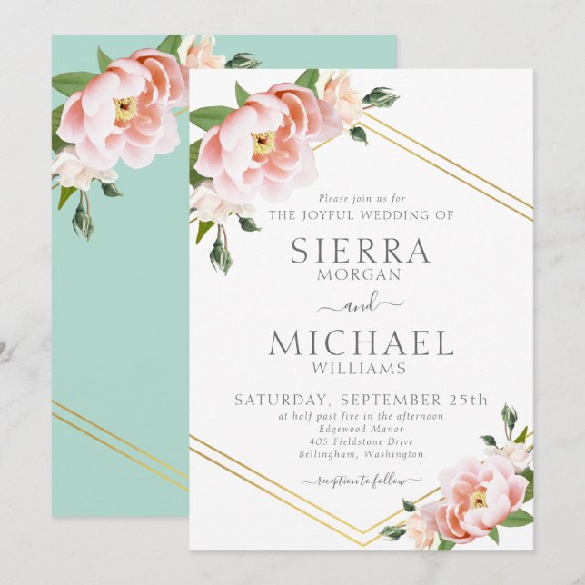 Invitación Floral Rubor Gold Geometric Mint Green Boda (Anverso / Reverso)