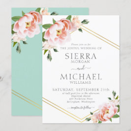Invitación Floral Rubor Gold Geometric Mint Green Boda