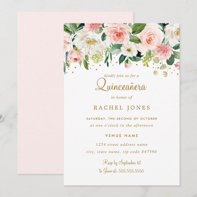 Invitación Floral Rubor Gold Quinceanera (Anverso / Reverso)