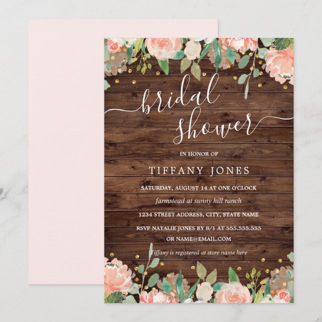 Invitación Floral Rubor Gold Rustic Wood Bridal Shower (Anverso / Reverso)
