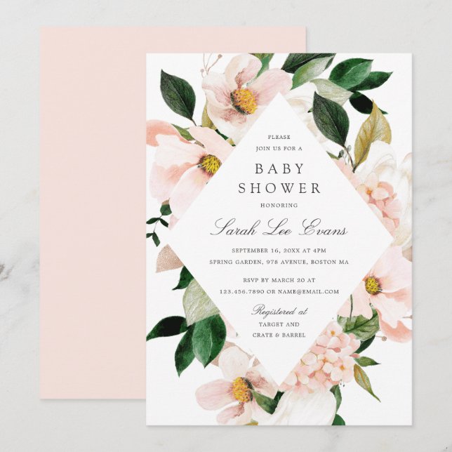Invitación Floral Rubor Hydrangea Elegante Moda Baby Shower (Anverso / Reverso)