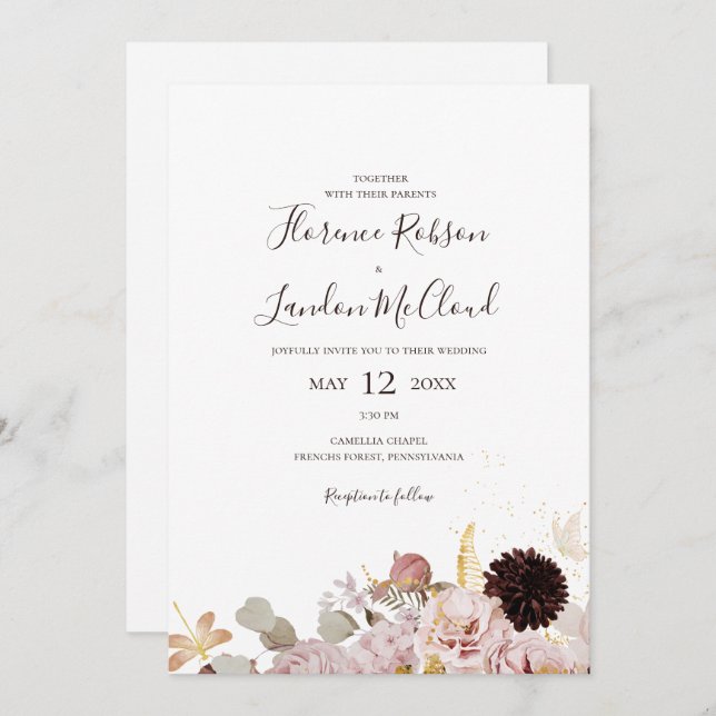 Invitación Floral Rubor moderna | Boda Casual Simple (Anverso / Reverso)