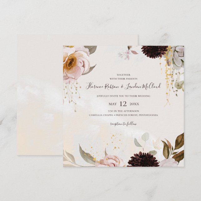 Invitación Floral Rubor moderna | Boda cuadrado de acuarela (Anverso / Reverso)