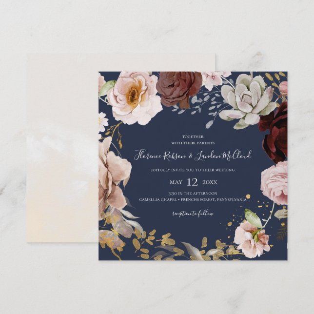 Invitación Floral Rubor moderna | Boda de guirnaldas de la pl (Anverso / Reverso)