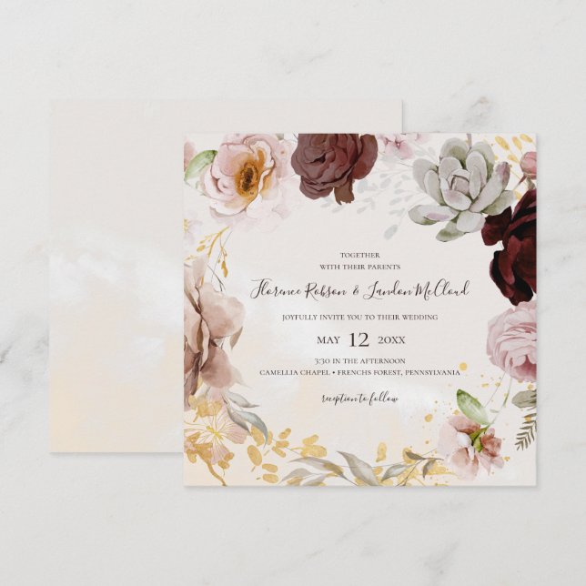 Invitación Floral Rubor moderna | Boda de guirnaldas de la pl (Anverso / Reverso)
