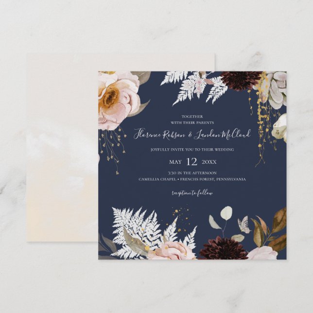 Invitación Floral Rubor moderna | Boda de la plaza de la Mari (Anverso / Reverso)