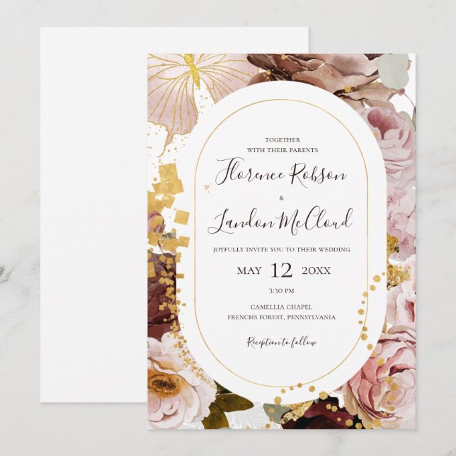 Invitación Floral Rubor moderna | Boda de marco casual (Anverso / Reverso)