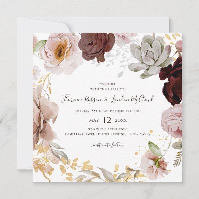 Invitación Floral Rubor moderna | Boda de Wreath cuadrado (Anverso)