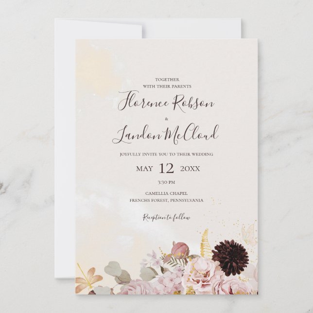 Invitación Floral Rubor moderna | Boda simple de mármol casua (Anverso)
