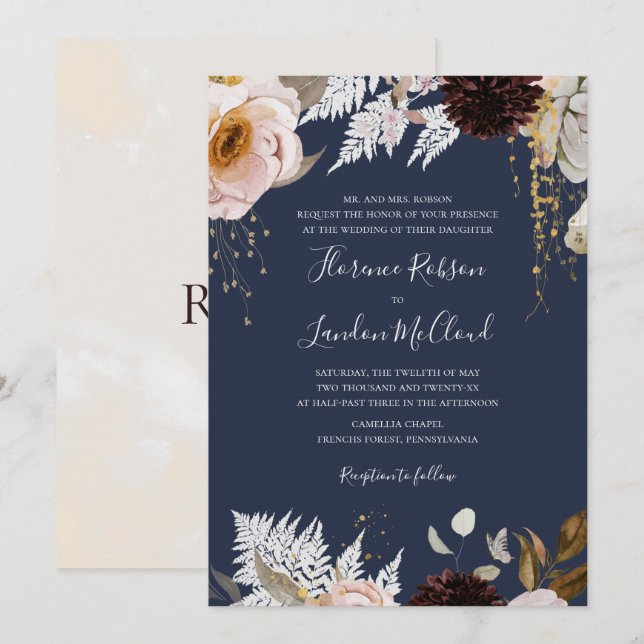 Invitación Floral Rubor moderna | Boda tradicional de la Mari (Anverso / Reverso)
