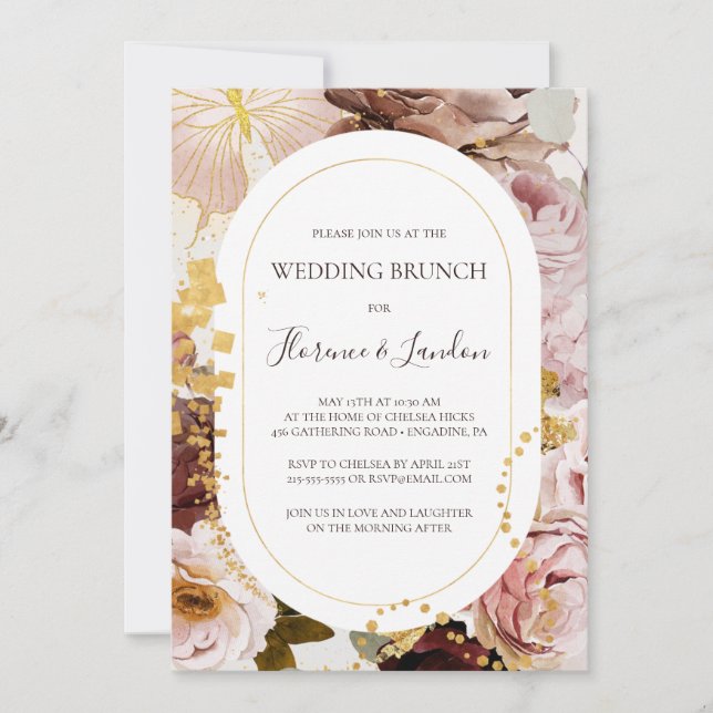 Invitación Floral Rubor moderna | Brunch Boda acuarela (Anverso)