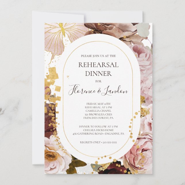Invitación Floral Rubor moderna | Cena de ensayo (Anverso)