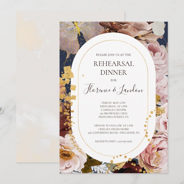 Invitación Floral Rubor moderna | Cena de ensayo naval (Anverso / Reverso)