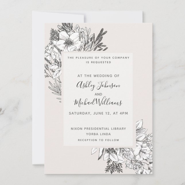 Invitación Floral Rubor moderna con estilo BOTÁNICO-MANO (Anverso)