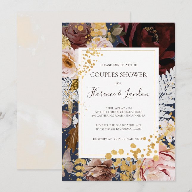Invitación Floral Rubor moderna | Ducha de las parejas de la  (Anverso / Reverso)