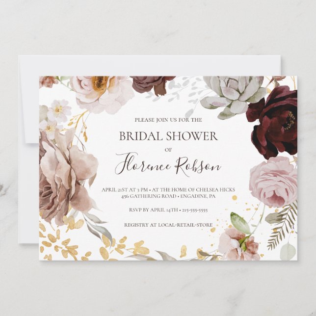Invitación Floral Rubor moderna | Ducha de novia horizontal (Anverso)
