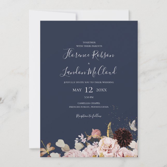 Invitación Floral Rubor moderna | Simple Boda de la Marina Ca (Anverso)