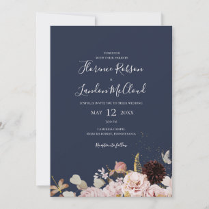 Invitación Floral Rubor moderna   Simple Boda de la Marina Ca