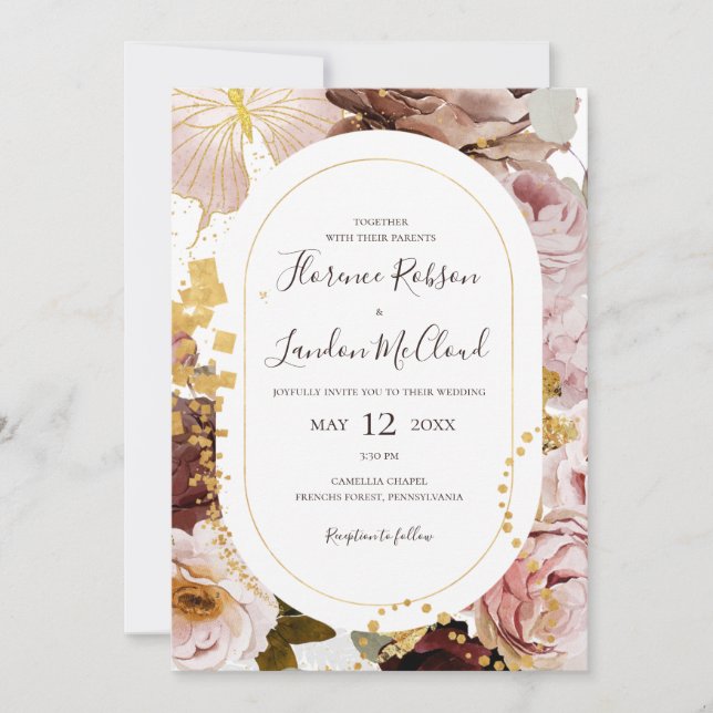 Invitación Floral Rubor moderna | Todos En Un Boda (Anverso)