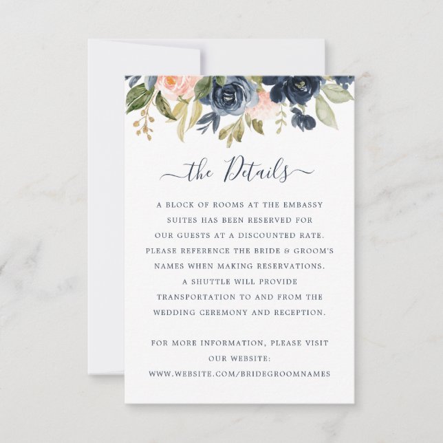 Invitación Floral Rubor & Navy Elegant Details Insert Card (Anverso)