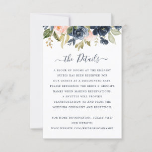 Invitación Floral Rubor & Navy Elegant Details Insert Card