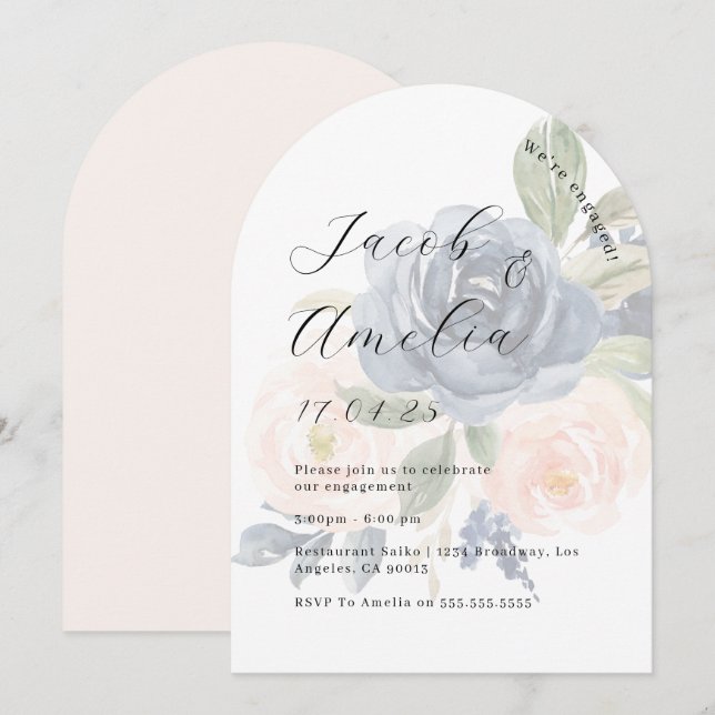 Invitación Floral Rubor Navy Partido de Compromiso de Arco Mo (Anverso / Reverso)