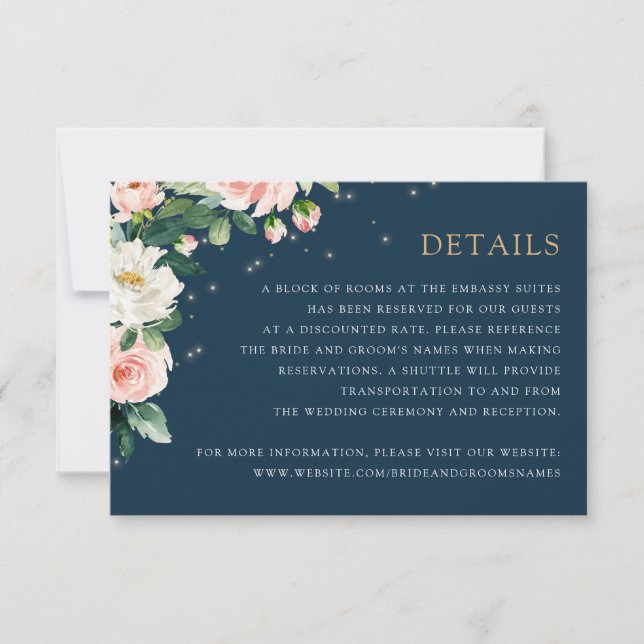 Invitación Floral Rubor Navy String Lights Details Info Card (Anverso)