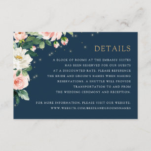Invitación Floral Rubor Navy String Lights Details Info Card