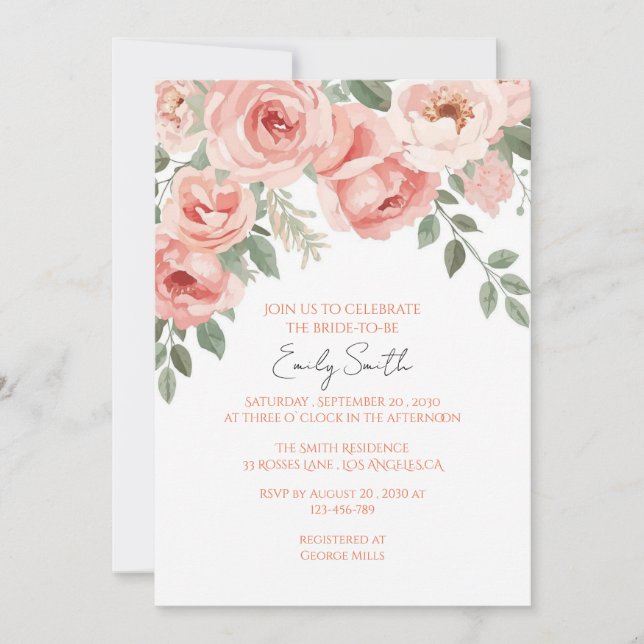 Invitación Floral Rubor & Pastel Garden Bridal Shower (Anverso)