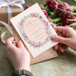 Invitación Floral Rubor Peach Cute Bunny Chica Primer Cumplea