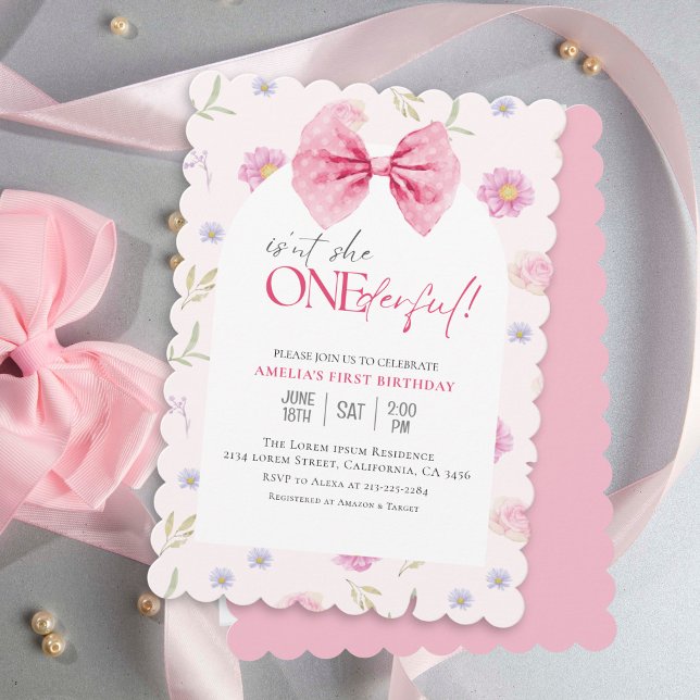 Invitación Floral Rubor Pink Bow Maravilloso chica 1º cumplea (Subido por el creador)