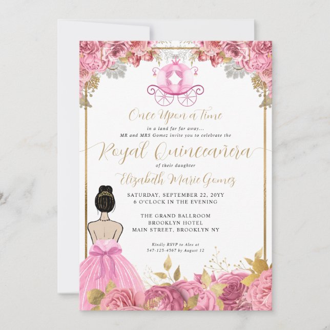 Invitación Floral Rubor Pink Cinderella Royal Quinceanera (Anverso)