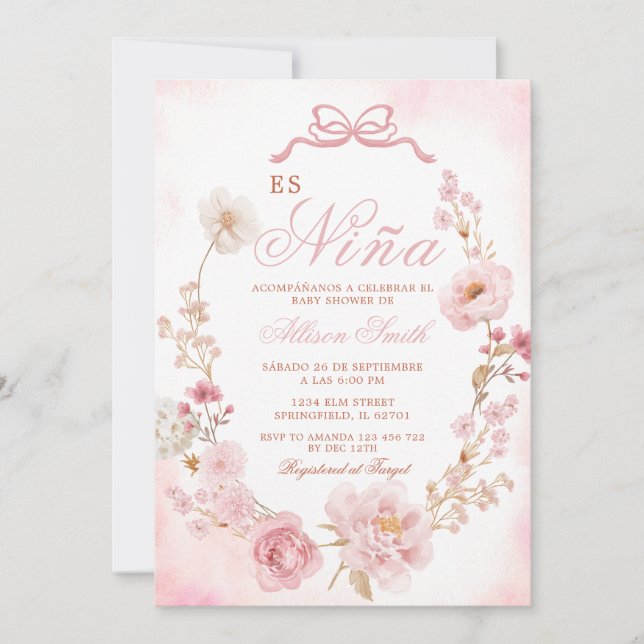 Invitación Floral Rubor Pink Es Nina Español Baby Shower (Anverso)