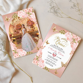 Invitación Floral Rubor Pink Gold Butterfly Foto Quinceañera