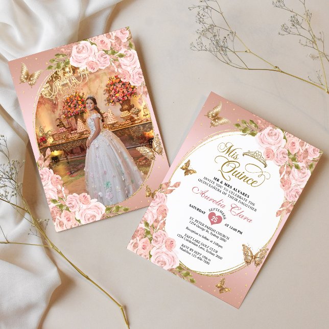 Invitación Floral Rubor Pink Gold Butterfly Foto Quinceañera (Subido por el creador)