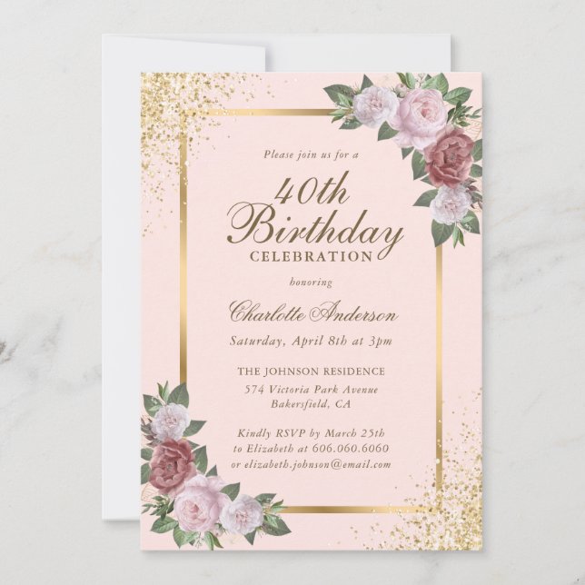 Invitación Floral Rubor Pink Gold Confetti 40 cumpleaños (Anverso)