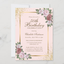 Invitación Floral Rubor Pink Gold Confetti 50 cumpleaños