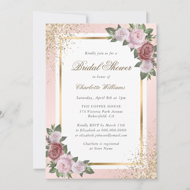 Invitación Floral Rubor Pink Gold Confetti Bridal Shower (Anverso)