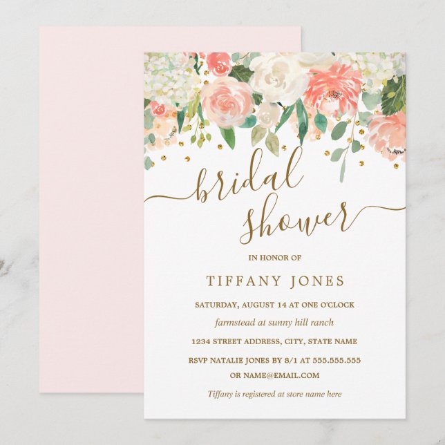 Invitación Floral Rubor Pink Gold Confetti Bridal Shower (Anverso / Reverso)