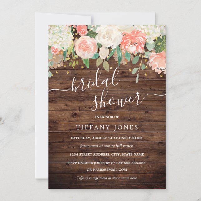 Invitación Floral Rubor Pink Gold Rústico Wood Bridal Shower (Anverso)