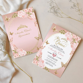 Invitación Floral Rubor Pink Gold Tiara Butterfly Quinceañera