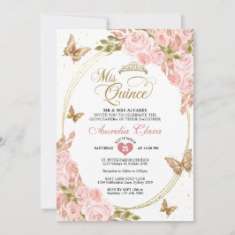 Invitación Floral Rubor Pink Gold Tiara Butterfly Quinceañera