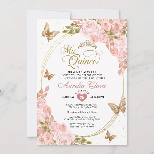 Invitación Floral Rubor Pink Gold Tiara Butterfly Quinceañera (Anverso)