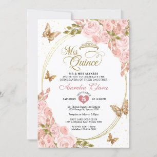 Invitación Floral Rubor Pink Gold Tiara Butterfly Quinceañera