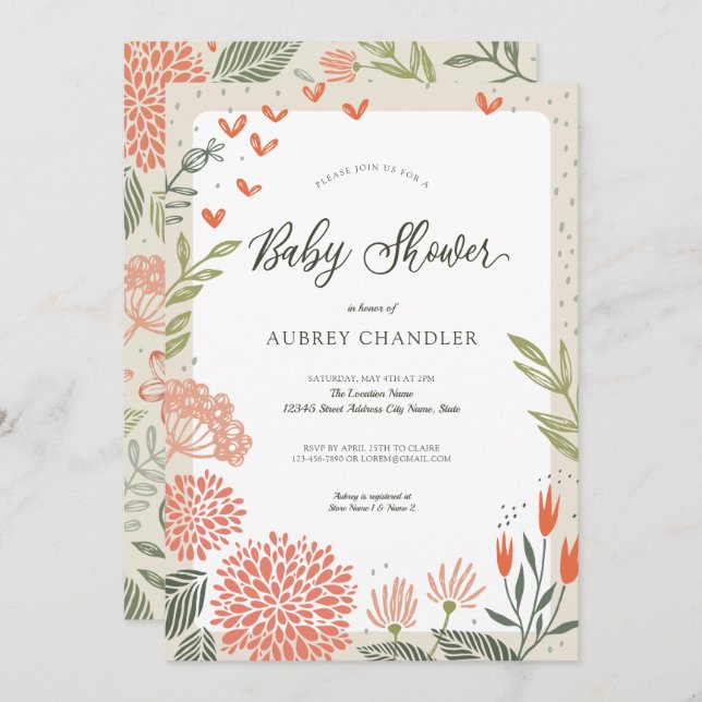 Invitación Floral Rubor Pink Greenery Baby Shower (Anverso / Reverso)