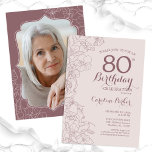 Invitación Floral Rubor Pink Mauve Foto 80th Birthday Party<br><div class="desc">Floral Rubor Pink and Mauve Photo 80th Birthday Party Invitation. Diseño moderno minimalista con acentos de dibujos botánicos y tipo de letra de guión tipográfico. Sencilla carta de invitación a la moda, perfecta para una elegante celebración de cumpleaños femenina. Se puede personalizar a cualquier edad. Invitaciones Zazzle impresas o una...</div>