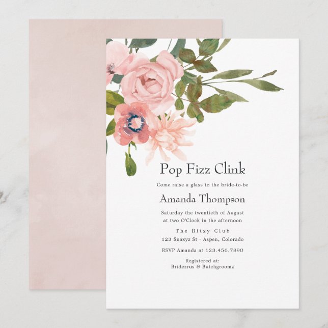Invitación Floral Rubor Pink Pop Fizz Clink Bridal Shower (Anverso / Reverso)