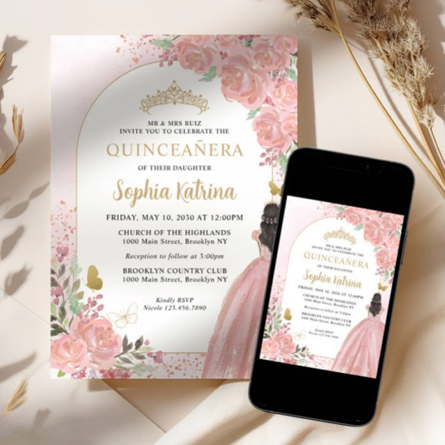 Invitación Floral Rubor Pink Princess Birthday Quinceanera (Subido por el creador)